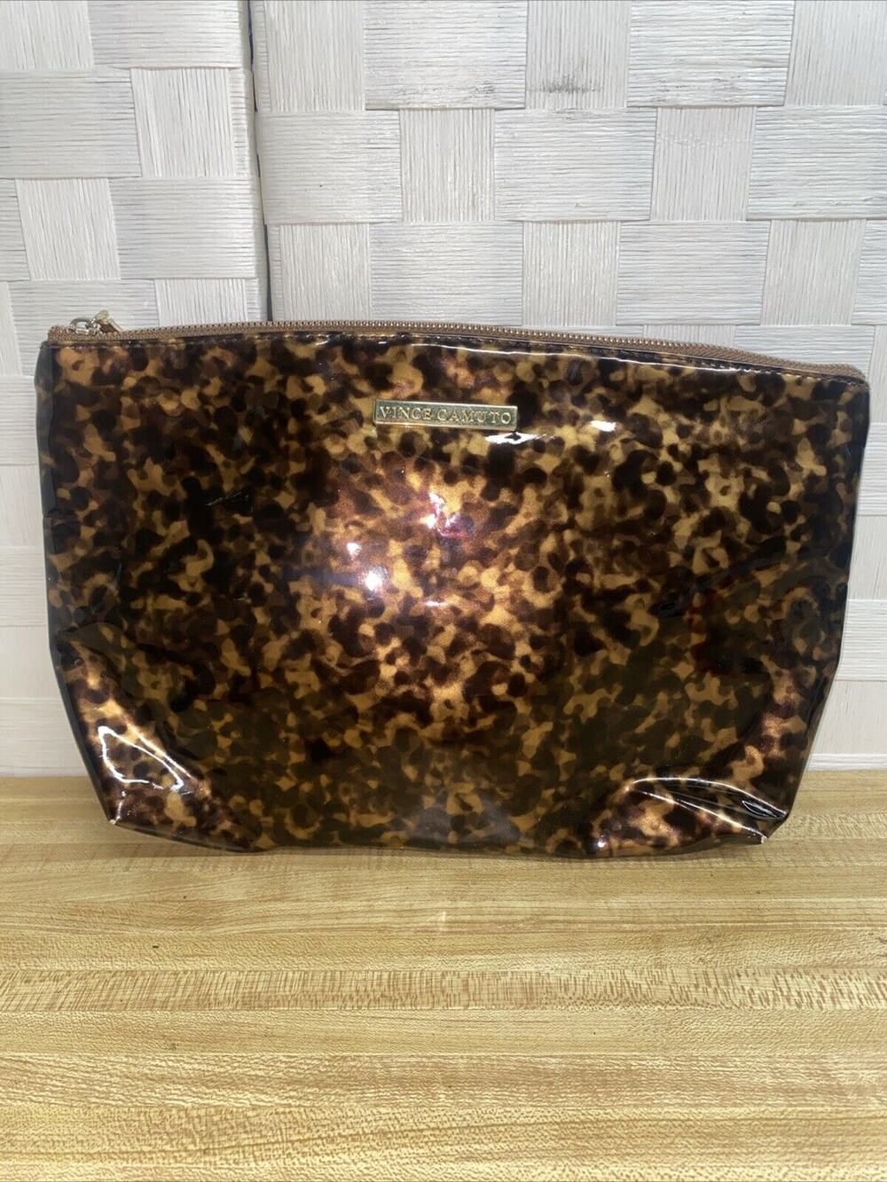 Vince Camuto Makeup Cosmetics Bag Black Brown Zipper Large 13”x9”